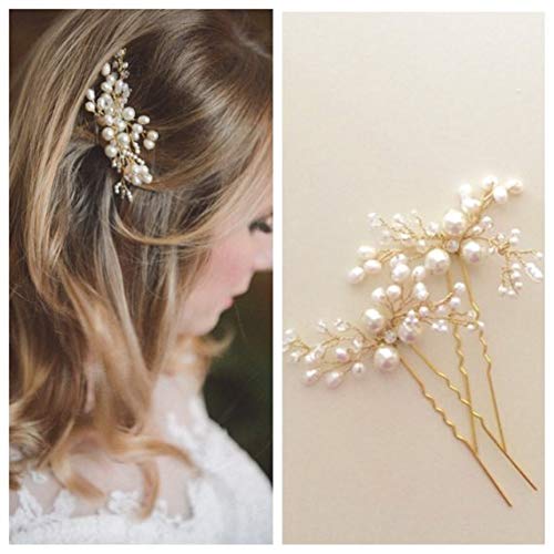 Bride Wedding Pearl Hair Pins Girls Bridal Hair Accessories Hair Piece for Women and Girls 2PCS (Gold)