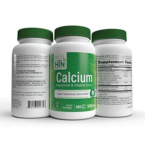 Calcium 1000mg and Magnesium 400mg with Vitamin D3 &amp; K 360 Softgels (4 Month Supply)