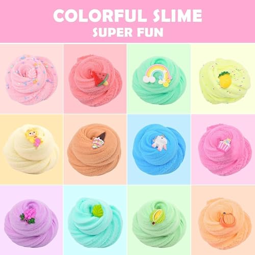 12 Pack Cloud Christmas Slime Kit, with Peach Rainbow Cake Watermelon Grapes Slimes Charms, Fluffy Slime for Girls and Boys, Stress Relief Toy for Kids Education, Party Favor, Gift and Birthday