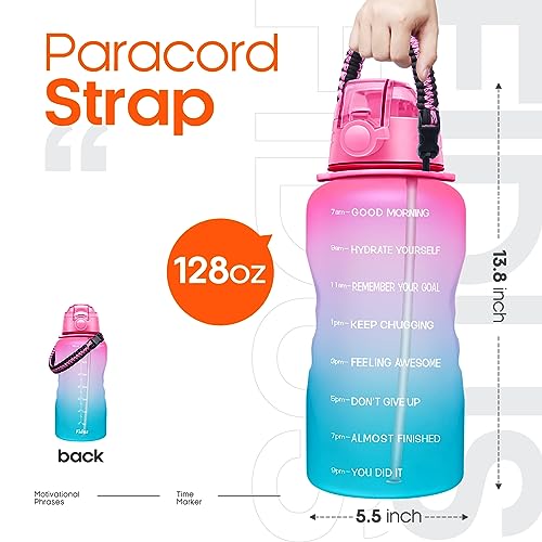 Large 1 Gallon Motivational Water Bottle with Paracord Handle &amp; Removable Straw - BPA Free Leakproof Water Jug with Time Marker to Ensure You Drink Enough Water - Light Pink/Green