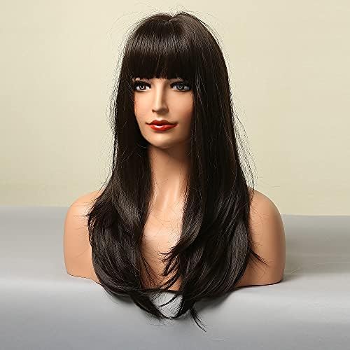 Dark Brown Wigs for Women Long Straight layered Wig with Bangs Heat Resistant Fiber Synthetic Wigs Daily Natural looking