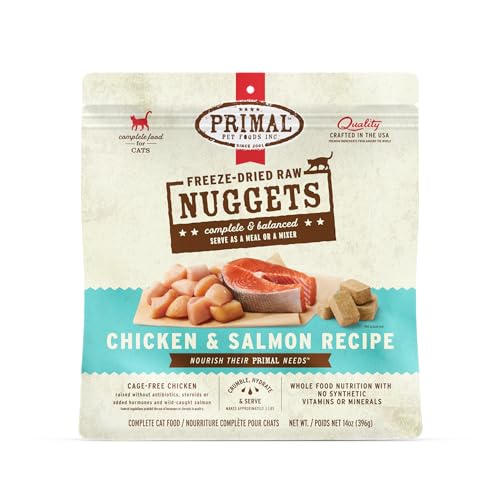 Primal Freeze Dried Raw Cat Food Nuggets Chicken &amp; Salmon, Complete &amp; Balanced Meal or Topper, Premium, Healthy, Grain Free, High Protein Raw Cat Food with Probiotics (14 oz)