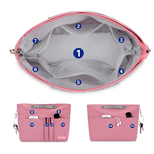 purse organizer insert for handbags,Tote Bag Organizer Insert Zipper for Women, Handbag Organizer Inside Liner with 15 Pockets, Pink