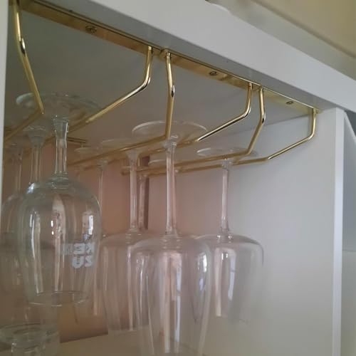 14-Inch Gold Wine Glass Rack, Under Cabinet Wine Glass Holder Stainless Steel Stemware Rack - Hanging Stemware Holder for Cabinet Kitchen Bar, Set of 2