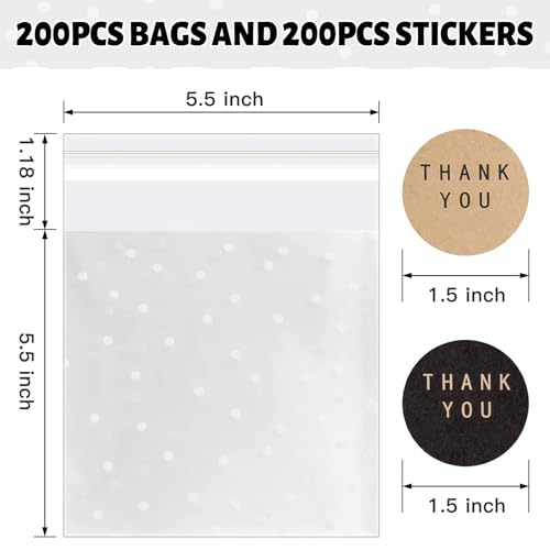 NPLUX 200PACK Self Sealing Cellophane Bags Cookie Bags for Gift Giving Clear Treat Bags with Stickers(White Polka Dot,5.5x5.5 INCH)