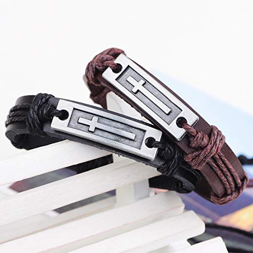 Handmade Classic Cross Wristband Bangle Adjustable Braided Wrap Leather Cord Bracelet for Men Vintage Religious Jewelry-cross