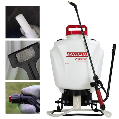Chapin 61800 4-Gallon Made in USA Professional Backpack Sprayer with Brass Adjustable and Poly Fan/Cone Nozzles, Cushion Grip Shut-Off, 3-Stage Filtration System, Translucent White