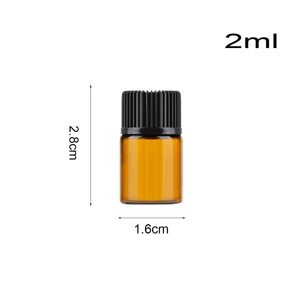 Mini Essential Oil Bottles Empty Sample bottle 1ml(1/4 dram) 2ml (5/8 dram) Amber Glass Bottle with Orifice Reducer and cap, With 2 Free Transfer Eye droppers(50 Pcs) (2ml)