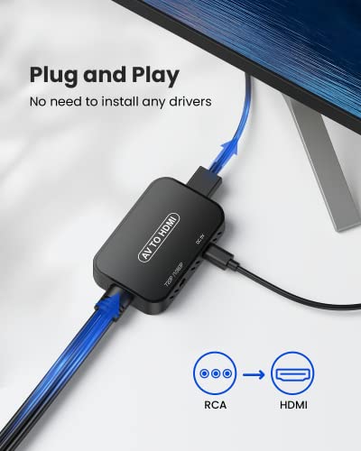 RCA to HDMI Converter, AV to HDMI Adapter,RCA to HDMI Composite Audio Video Converter for PS1, PS2, PS3, STB, Xbox, VHS, VCR,Black-Ray DVD Players(HDMI Cable Included)