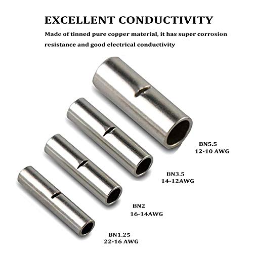 100 Pcs Non-Insulated Butt Connectors AWG 12-10 Uninsulated Butt Connectors Electrical Wire Crimp Ferrule Terminals