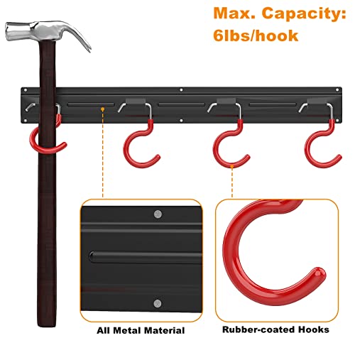 All Metal 64 Inch Wall Mount Garden Tool Organizer for Garage, Mop and Broom Holder, Yard Tool Storage Rack for Rake, Shovel, Spade, Mop, Broom(4 Rails, 16 Hooks)
