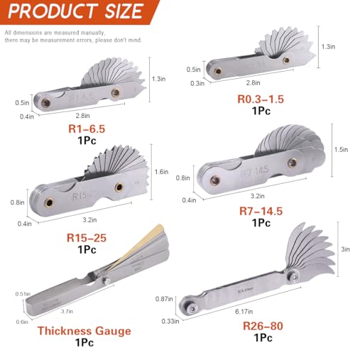 6Pcs Stainless Steel Feeler Gauge and Radius Gauge Set, 5Pcs R0.3-1.5/ R1-6.5/ R7-14.5/ R15-25/ R25-50 Radius Fillet Gauge with 32 Blades 0.04-0.88 mm Metric and Imperial Gap Measuring Tool