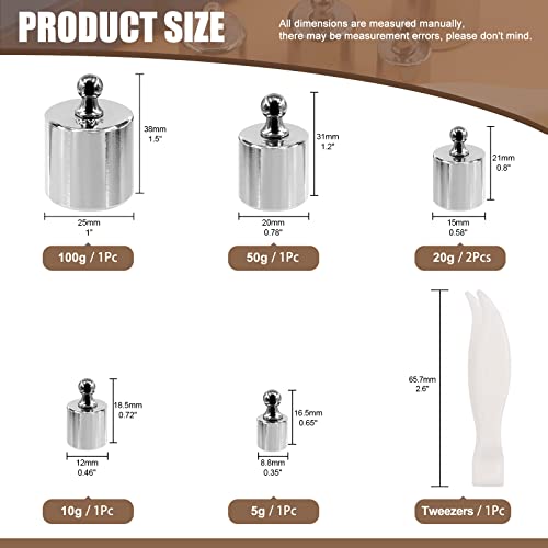 7Pcs 5 Sizes 5g 10g 20g 50g 100g Precision Steel Scale Calibration Weight Kit Test Weights Kits with Tweezers for Jewellery Scale and Digital Balance Scale Laboratory