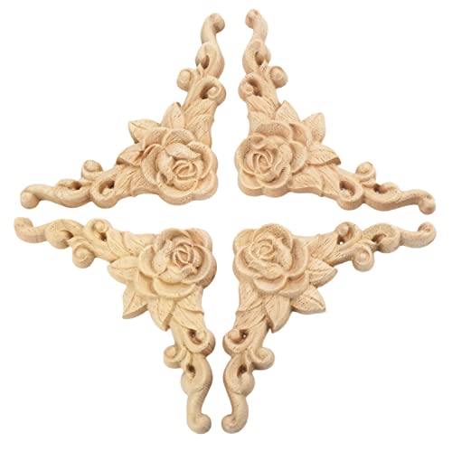 Wood Appliques Onlays for Furniture, 4-Pack Unpainted Wooden Carved Rose Decals DIY Decorative Corners for Bed Wall Dresser Mirror Door Cabinet Wardrobe, 8x8cm/3.15x3.15