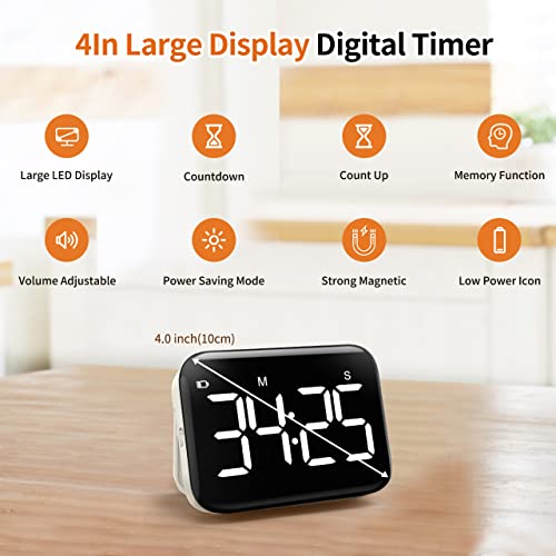 Magnetic Kitchen Timer for Cooking with Count Up Countdown, Digital Timer Battery Powered with Large Display, 2 Brightness and Volume Levels for Classroom, Teacher, Kids
