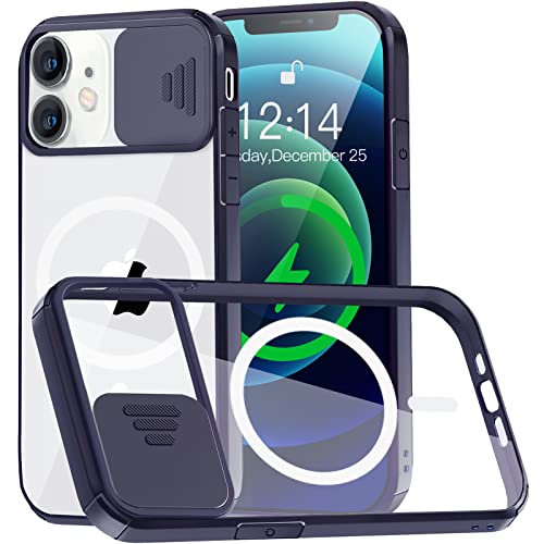 Clear Magnetic Case Compatible with iPhone 12 Mini MagSafe with Camera Cover [Built-in 38 Strong Magnets] [Slide Camera Lens Protector] Shockproof Anti-yellow Case with Soft Silicone Bumper-Blue
