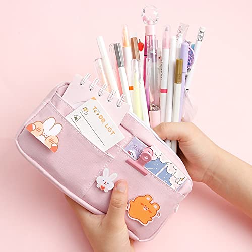 Kawaii Large Pencil Case Stationery Storage Bags Canvas Pencil Bag Cute Makeup Bag School Supplies for Girl Kids Gift w/Badge(A-Green)…