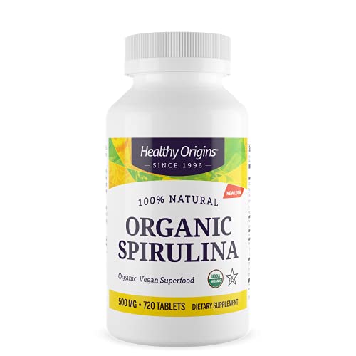 Spirulina, 500 mg (Organic) - Organic Spirulina Tablet with Vitamin A &amp; Vitamin B12 - Kosher Certified - Vegan, Non-GMO, and Gluten-Free Spirulina Pill - 720 Tablets