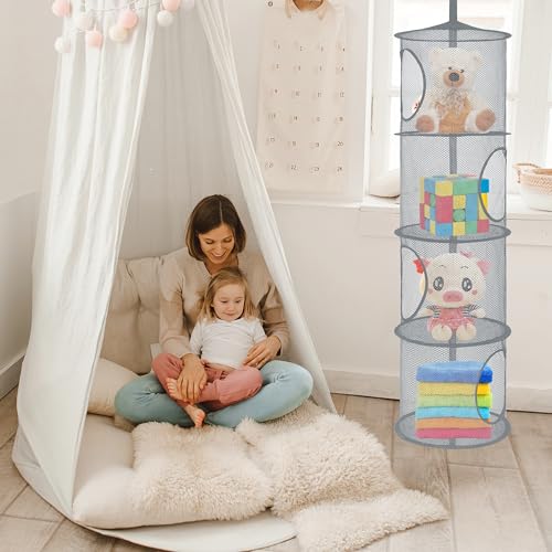 Libeder Mesh Hanging Storage Space Saver Bags Organizer,Foldable Storage Organizer 4 Compartments Toy Storage Basket for Kids Room Bathroom 2 Sets Grey