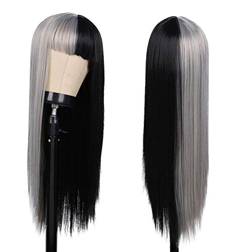 Half Grey Half Black Wig for Women Long Straight Hair with Bangs Soft Natural Wigs for Cosplay Party Halloween