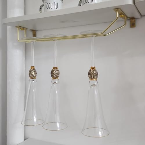 14-Inch Gold Wine Glass Rack, Under Cabinet Wine Glass Holder Stainless Steel Stemware Rack - Hanging Stemware Holder for Cabinet Kitchen Bar, Set of 2