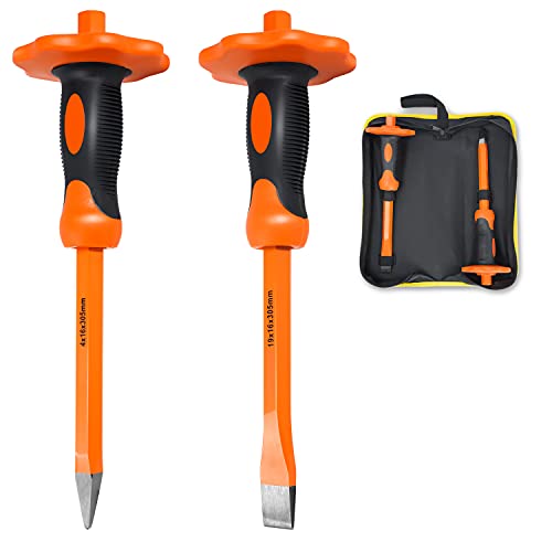 2 Pack Heavy Duty 12-Inch Chisels Set With Hand Protection, Point Chisel and Flat Chisel for Demolishing/Masonry/Carving/Concrete Breaker with Storage Case