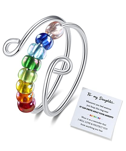 Usoway To My Daughter Fidget Ring for Anxiety, Fidget Rings for Anxiety for Women, Adjustable Stacking Anxiety Relief Rainbow Fidget Ring Jewelry Gifts (Rainbow)1