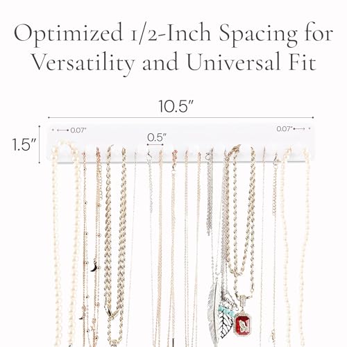 Necklace Organizer - 2 Pack - Easy-Install 10.5x1.5 Hanging Holder Wall Mount with 10 Necklace Hooks - Beautiful Necklace Hanger also for Bracelets, Earrings, and Keys (White)