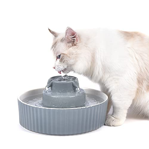 360 Ceramic Cat Fountain, 2.1L Pet Drinking Fountain for Cat and Dog, Cat Fountain Porcelain, Cat Water Dispenser with Activated Carbon Filter and Sponge Foam Pre-Filter (Grey)