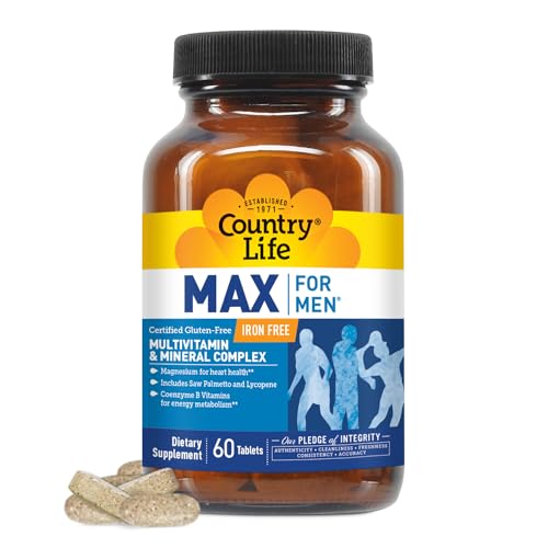 Max for Men, Multivitamin &amp; Mineral Complex, Iron-Free, Vegetarian Tablets, 60 Count, Certified Gluten Free, Certified Vegetarian
