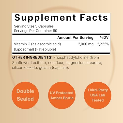 Liposomal Vitamin C 2,000mg Per Serving, 240 Capsules | High Absorption Fat-Soluble Vitamins – Immune Support – Collagen Booster – Antioxidant Supplement – Non-GMO