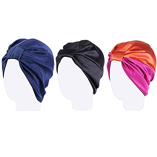 3PCS Chemo Sleep Turban Silk Head Wrap Satin Silk Bonnet Elastic Turban Sleep Bonnet Cap Night Sleep Hat Head Cover Turban Headwear Turban Silk Sleeping Cap for Sleeping Women Girls Curly Hair