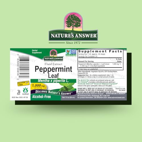 Nature&#39;s Answer Peppermint Leaf Mentha x Piperita Gluten Alcohol Free Herbal Supplement Supports Healthy Digestive Function* – 1 FL Oz