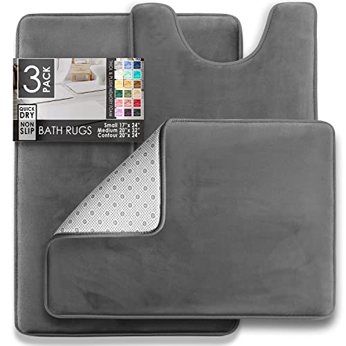 3 Piece Bathroom Rugs Bath Mat Set, Velvet Memory Foam Bath Mats for Bathroom - Non-Slip, PVC Backing Bath Rugs, Washable Bathroom Rug Mats - Dries Quickly, Grey Bathroom Rug Set
