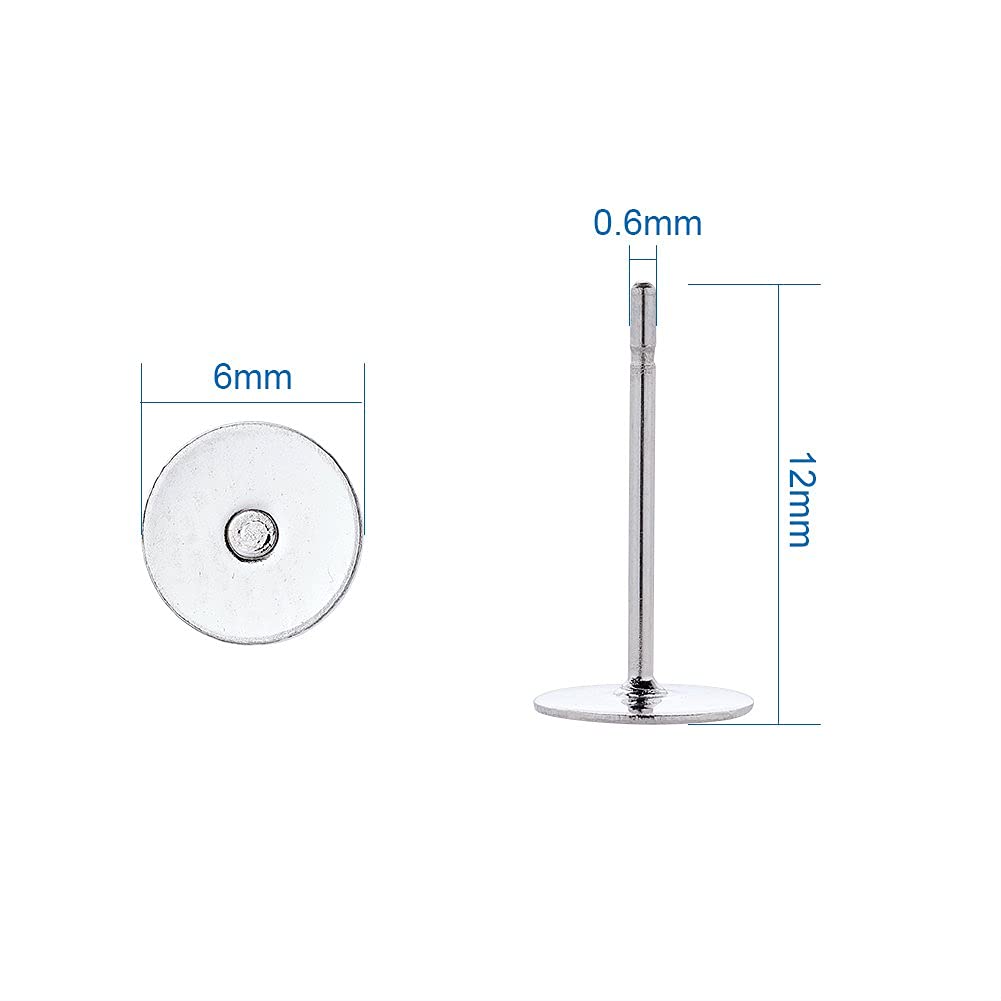 500 Pieces Stainless Steel Flat Round Blank Peg Earrings Posts Flat Pad Ear Stud Components Earring Making Findings (12x6mm, Pin: 0.6mm)