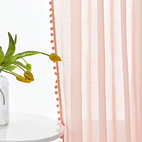 Treatmentex Blush Pink Pompom Sheer Curtains for Bedroo
