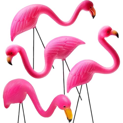 GIFTEXPRESS Pink Flamingos Yard Decorations - 4 Pack Small 14 Tall Plastic Flamingo Statue w/Metal Stakes - Lawn Ornaments & Garden Decor for Outdoor Parties