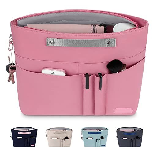 purse organizer insert for handbags,Tote Bag Organizer Insert Zipper for Women, Handbag Organizer Inside Liner with 15 Pockets, Pink