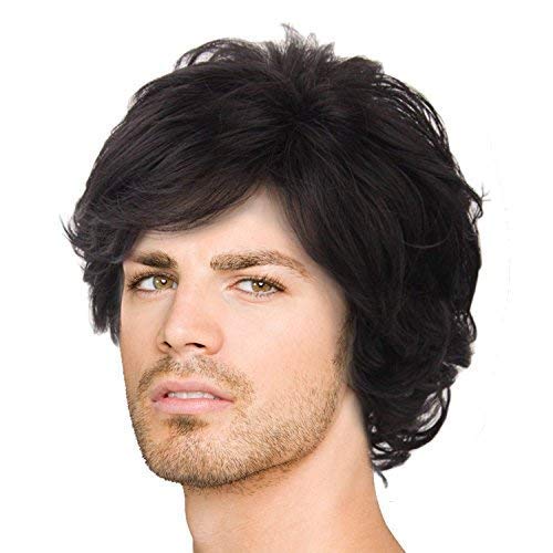 Men Black Wig, Short Wavy Shaggy Style Layered Wig for Halloween Costumes Cosplay with Wig Cap