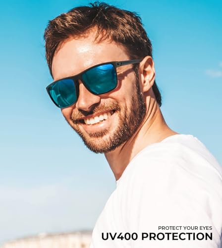 KALIYADI Polarized Sunglasses Men, Lightweight Mens Sunglasses Polarized UV Protection Driving Fishing Golf (Black/Ice Blue/Red)