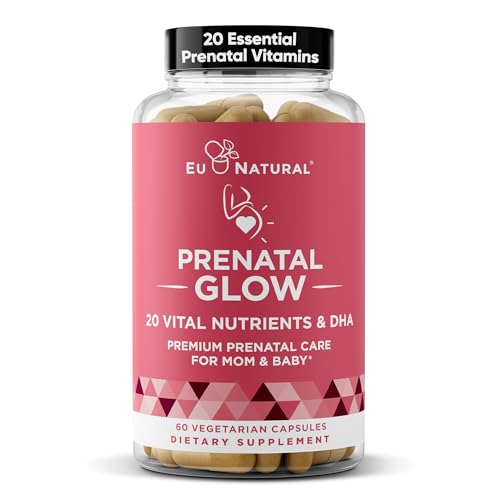 Glow Prenatal Vitamins for Women – 20-in-1 Vital Nutrients for Healthy Pregnancy and Fetal Development – Folic Acid &amp; Vegan DHA For Baby&#39;s Growth &amp; A Comfortable Pregnancy – 60 Nourishing Capsules