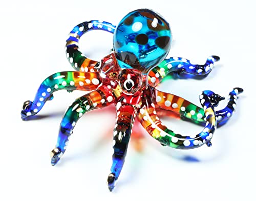 Tiny 3 White Dotted Multicolor Octopus Figurine - Miniature Hand Blown Glass Octopuses Squid Cuttlefish Marine Mollusks Colorful Crystal Animal Decorative Collectible Figures Décor Gifts