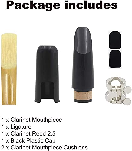 Clarinet Mouthpiece Kit, Includes Ligature+Clarinet Mouthpiece Cushions+Clarinet Reed 2.5+Black Clarinet Mouthpiece Plastic Cap