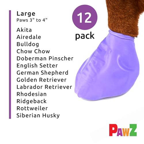 PawZ Rubber Dog Boots for Paws up to 4 - Dog Booties for Hot Pavement, Anti Slip Dog Socks, 12 Reusable Paws Waterproof Dog Boots, L, Purple