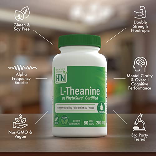 Health Thru Nutrition L-Theanine 200mg 60 Vegecaps PhytoSure Certified | Supports Healthy Relaxation & Focus | 3rd Party Tested | Clean Label, Non-GMO, Gluten & Soy Free, Hypoallergenic