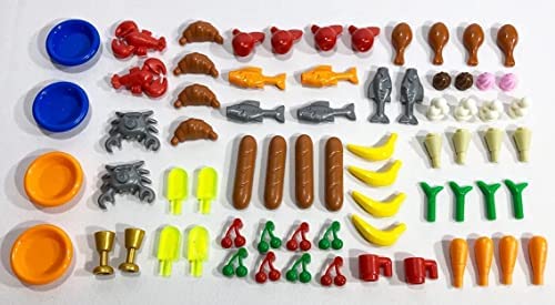 Over 90 Pcs Toy Sushi Food Building Blocks - City Kitchen Maki Roll Accessories Pack - Fits Lego Minifigures, Carrots Lobsters Crabs Bread Plates Apples Cherries Chicken Fish, Ice Cream