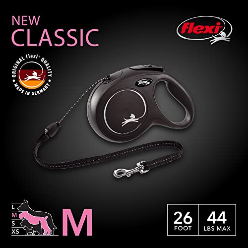 New Classic Cord Retractable Dog Leash for Medium Dogs up to 44 lbs. – 26 ft., Black | Tangle-Free Pet Walking Leash with One-Handed Brake, Pause, Lock | German Quality Product
