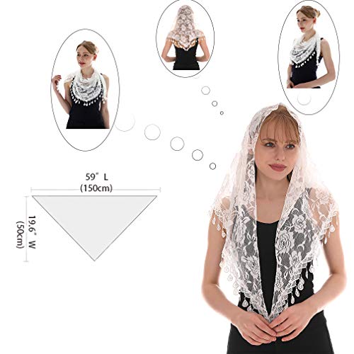 Mass Veil Catholic Church Mantilla Chapel Lace Shawl or Scarf Latin Mass Head Cover with a Handy Storage Pouch (White)