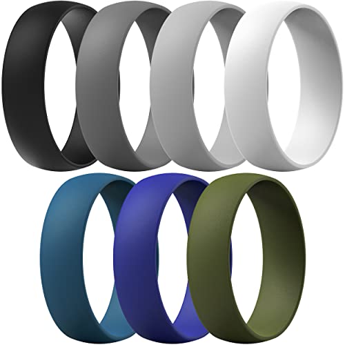 Unisex Silicone Wedding Rings, Rubber Engagement Bands 6mm Wide 1.65mm Thick - 1/2/3/4/5/6/7 Variety Multipack (Pack I - Size 9.5-10 (20.20mm))