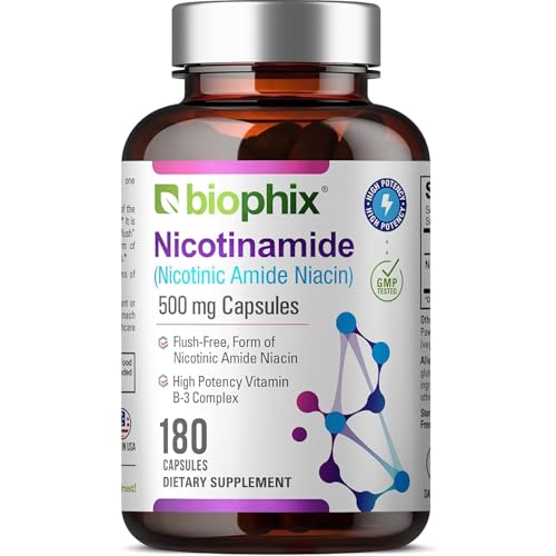 B-3 Nicotinamide 500 mg 180 Caps - Nicotinic Amide Niacin Natural Flush-Free Vitamin Formula - Supports Skin Cell Health